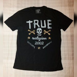 True Religion RARE Gray Skull Bones W/ Gold Metallic Text Black Graphic T Shirt